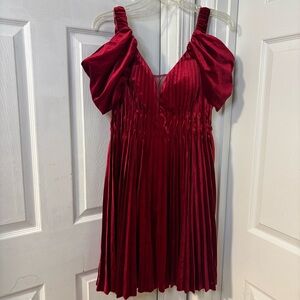 Faust Red Off Shoulder Puff Sleeves Pleated Midi Velvet Coquette Dress NWT Sz 8